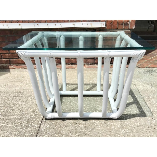Boho Chic White Rattan Rectangular Side Table For Sale - Image 4 of 8