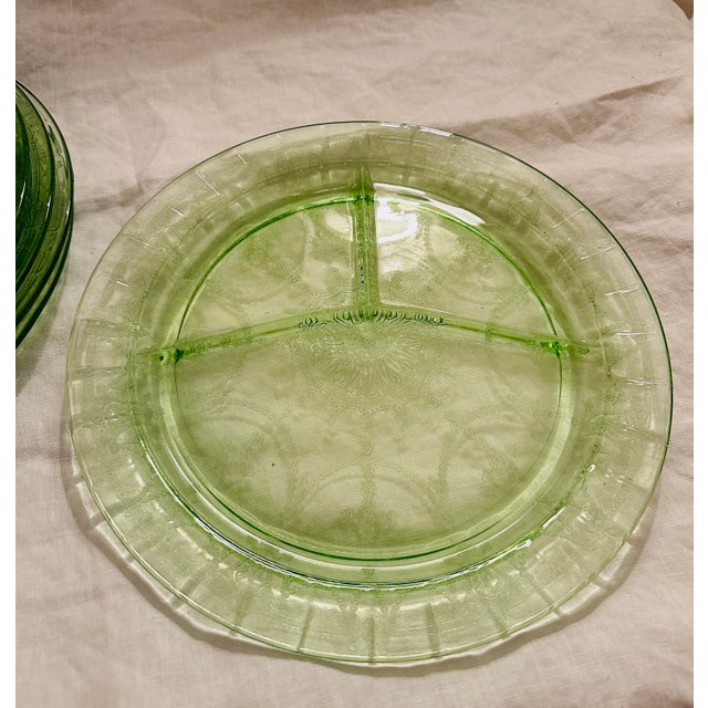 Farmhouse Vintage Anchor Hocking Cameo Green Depression Glass Grill Plate Set of 5 For Sale - Image 3 of 5