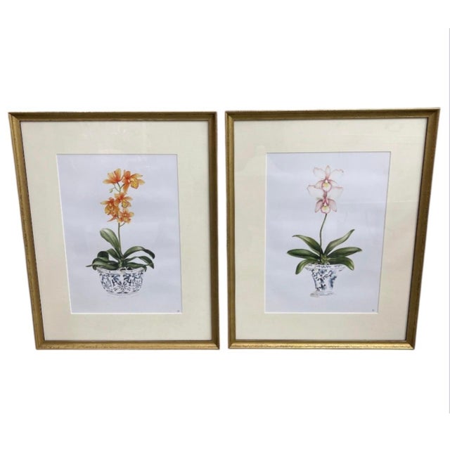2000 - 2009 Pair of Vintage Framed Chinoiserie Orchid Botanical Prints – Orange & Pink Floral Art For Sale - Image 5 of 12