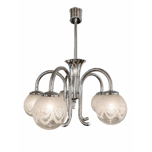 Art Deco Five-Light Chrome Chandelier with Etched Glass Globes, 1940s For Sale - Image 6 of 8