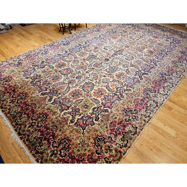 French Country Vintage Oversized Persian Kerman Rug, Hand-Knotted Wool, Allover Floral Pattern, Ivory & Red, 11’ X 18’ For Sale - Image 3 of 14