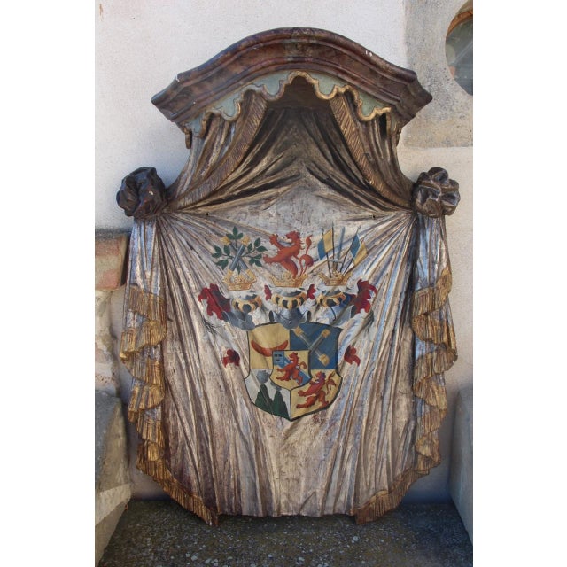 Large Heraldic Mantle in Carved and Painted Wood, 1890s For Sale - Image 11 of 11