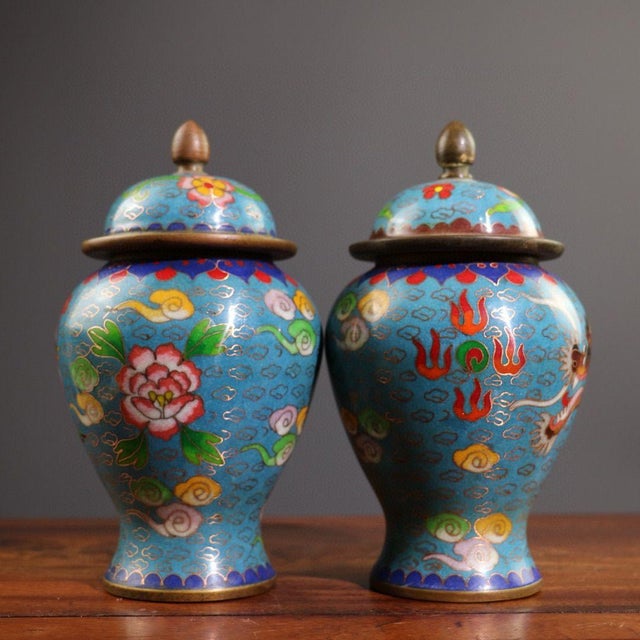 Mid 20th Century Pair of Vintage Chinese Cloisonné "Dragon & Phoenix" Ginger Jars - 2495g For Sale - Image 5 of 9