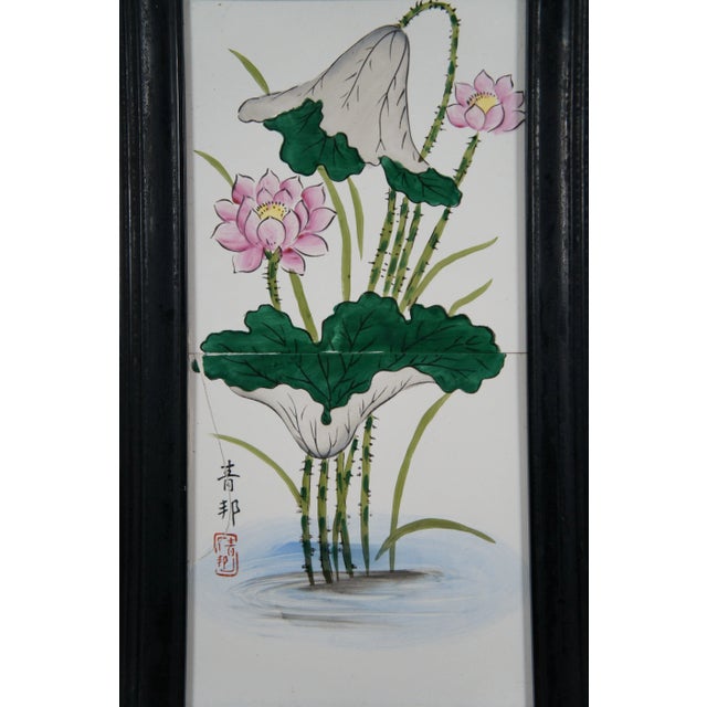 Mid 20th Century Vintage Framed Hand Painted Porcelain Chinese Water Lily Lotus Flower Tiles For Sale - Image 4 of 9