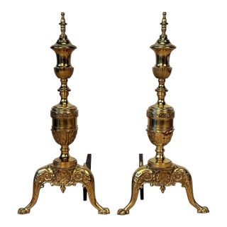 Antique French Empire Brass Fireplace Long Holder Andirons - A Pair For Sale