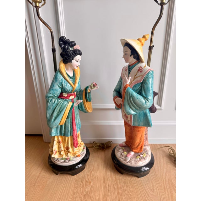Turquoise 1970s Signed Domenico Poloniato Monumental Italian Chinoiserie Figural Lamps With Original Pagoda Shades - a Pair For Sale - Image 8 of 11