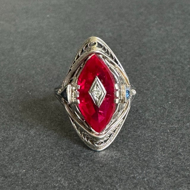 Art Deco 14k White Gold Cocktail Ring Marquis Lab Ruby Filigree Setting Vintage Size 8 For Sale - Image 6 of 12