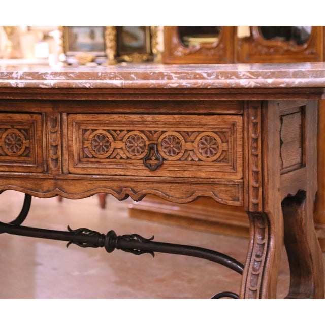 19th Century Spanish Baroque Carved Oak Console With Breccia Marble Top For Sale In Dallas - Image 6 of 12