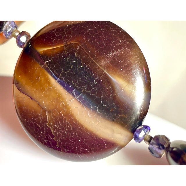 Contemporary Gemstone Necklace From Botswana Africa Large Luminous Disc Beads in Blues, Sepias With Crystal Druzy, Outstanding For Sale - Image 3 of 9