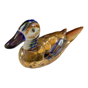 Medium 1970s Ceramic Hand Painted Duck Dressed With Brass and Copper From Tonala, Mexico