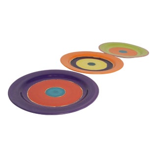 Set of Three Glazed Ceramic Concentric Circle Plates With Gold Leaf Details Signed For Sale