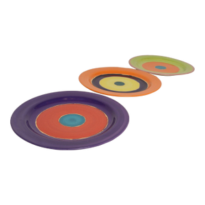 Set of Three Glazed Ceramic Concentric Circle Plates With Gold Leaf Details Signed