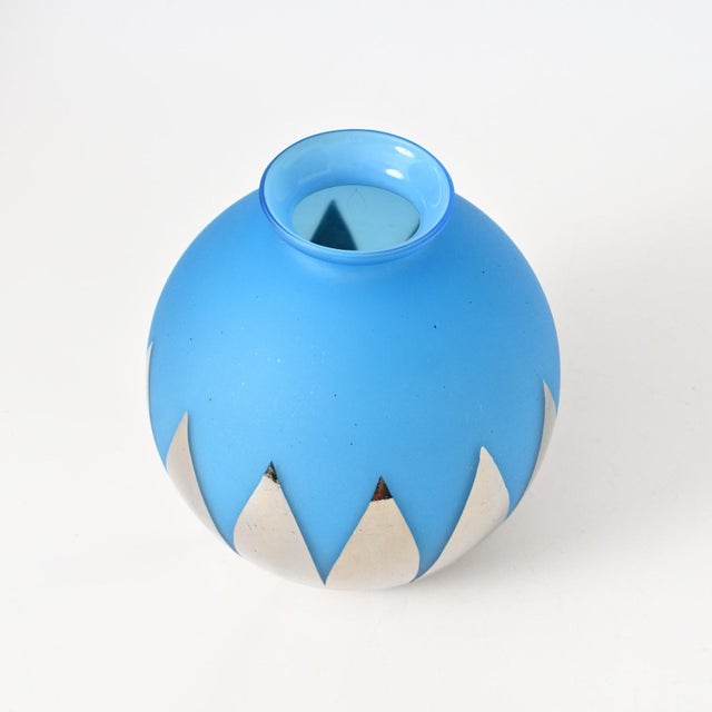 1950s Spherical Blue Frosted Glass Vase with Silver Mirror Decoration, 1940s For Sale - Image 5 of 8