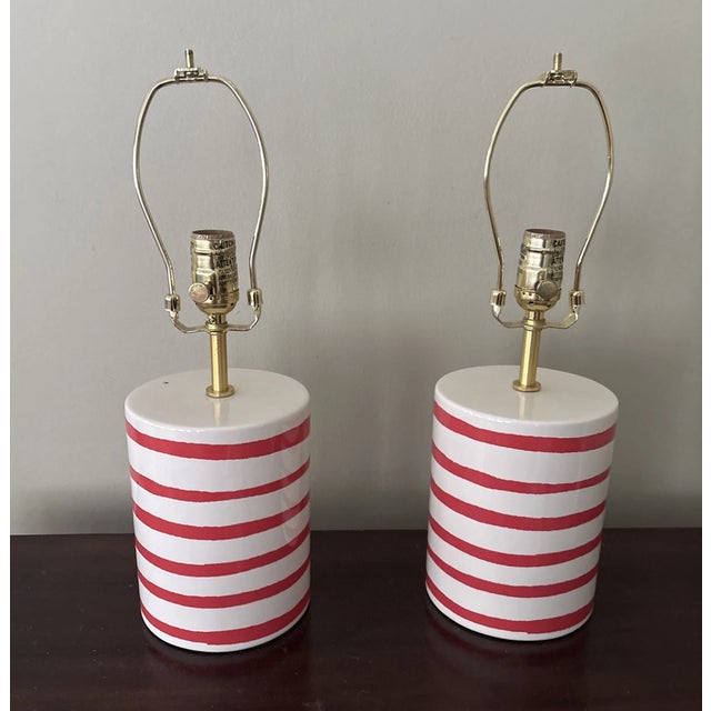 1990s Kate Spade Pink Striped Ceramic Cylinder Lamps Shades - Set of 2 For Sale - Image 6 of 7