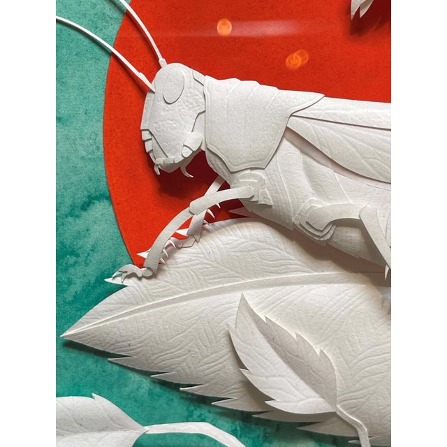 Early 21st Century Caelifera by Marisa Aragón Ware | Hand-cut paper sculpture and watercolor of a grasshopper on leaves For Sale - Image 5 of 5