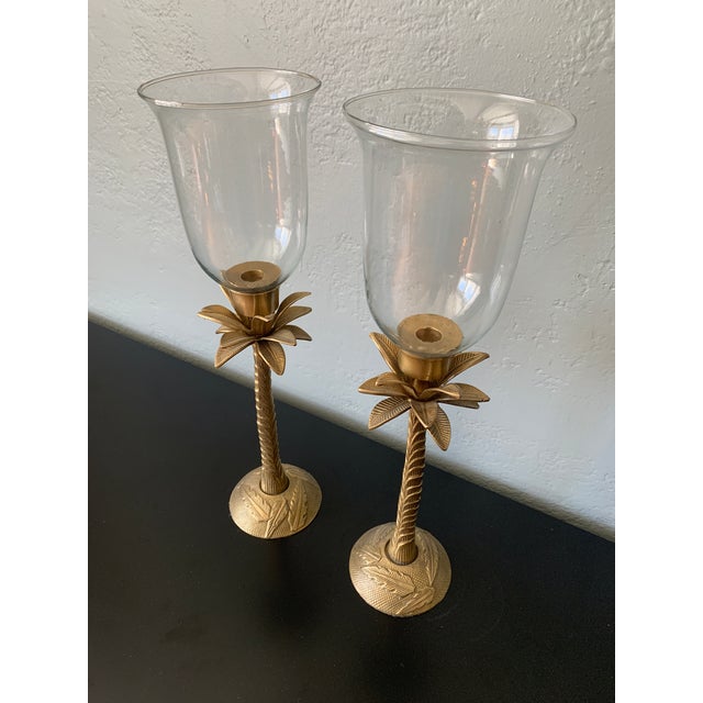 Vintage Large Brass Palm Candleholders With Hurricanes- a Pair For Sale In Nashville - Image 6 of 9