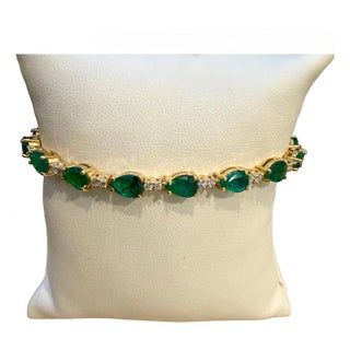 12 Carat Natural Zambian Emerald & Diamond Tennis Bracelet 14 Karat Yellow Gold For Sale