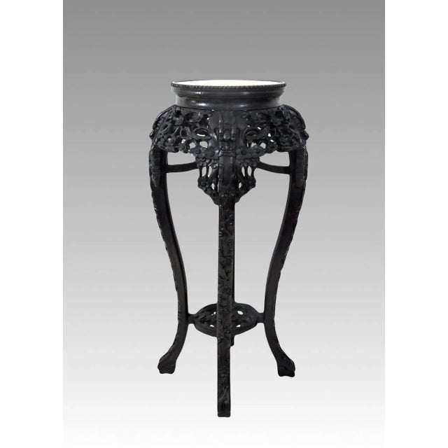 Antique Chinese Carved Rosewood & Inset Marble Top Four Dragons Pedestal or Plant Display Stand For Sale - Image 4 of 8