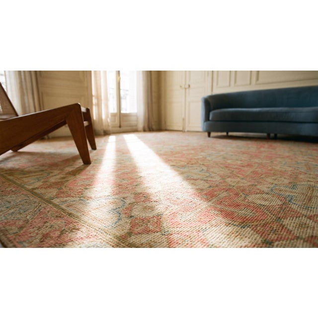 Pink 1870s Pink Cross Diamond Antique French Needlepoint Rug 14'4" X 18'8" Flatweave Wool Carpet For Sale - Image 8 of 9