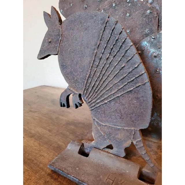 Metal Vintage Western Ranch Style Armadillo, Cactus & Railroad Tie Iron Fireplace Tool Holder For Sale - Image 7 of 11
