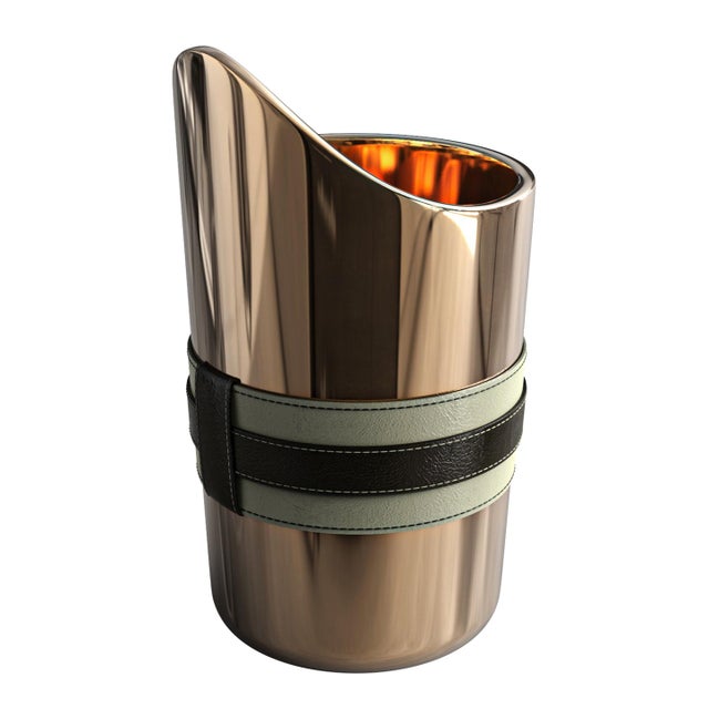 Art Deco "Alphacute" Ice Bucket With Bronze and Tailor Made Leather Work For Sale - Image 3 of 6