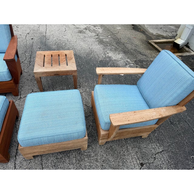 1990s Vintage Brown Jordan "Mission Teak" Deep Seating Patio Set With Blue Cushions - 10 Pieces For Sale In West Palm - Image 6 of 11
