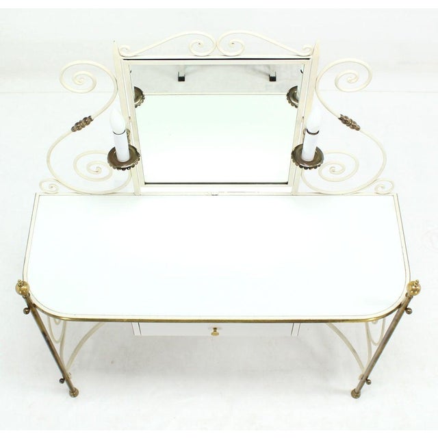 Mid 20th Century Decorative Vanity Dressing Table Milk Glass Top Metal Scroll Brass Hardware For Sale - Image 5 of 10