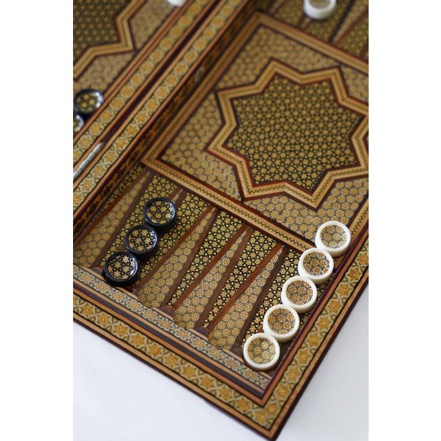 Coffee Handcrafted Chess & Backgammon Set – Geometric Marquetry Game Board | Pilardi For Sale - Image 8 of 8