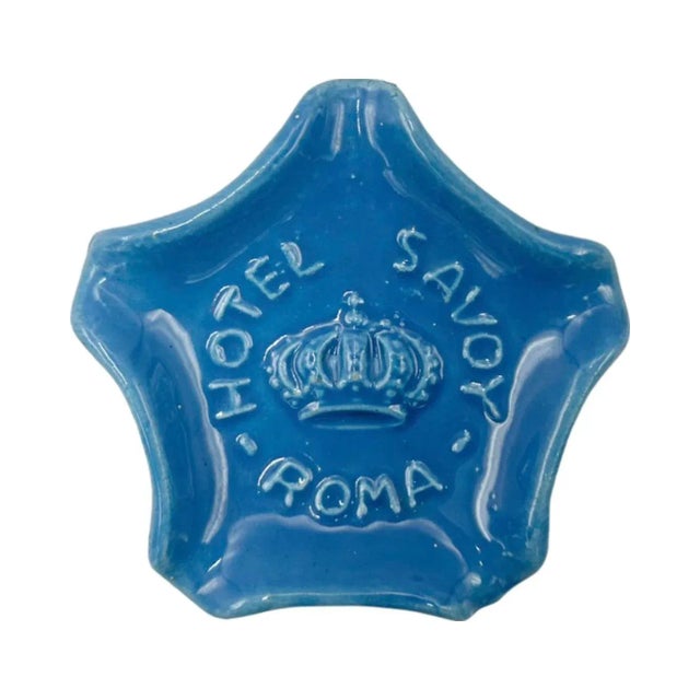 Vintage Hotel Savoy Roma Ashtray Rome, Italy Blue Ceramic Dish Trinket Catchall For Sale - Image 11 of 12