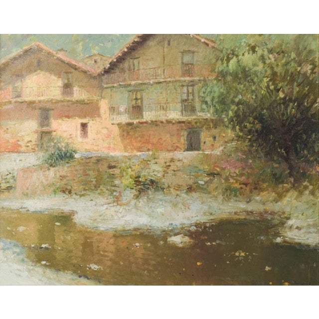 Palau Junca, Impressionist Painting with River and Chalets, Oil on Canvas, Framed For Sale - Image 16 of 16