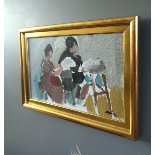Mid-Century Modern 'The Craft of Two' Vintage Original Figurative Oil Painting, Framed For Sale - Image 6 of 12