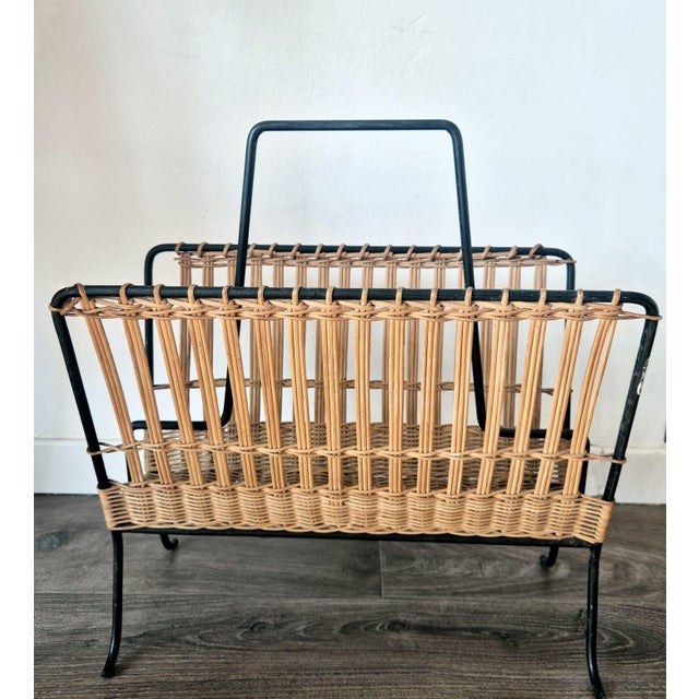 Mid-Century Modern Woven Rattan and Black Wrought Iron Magazine Rack, 1950s For Sale - Image 10 of 12