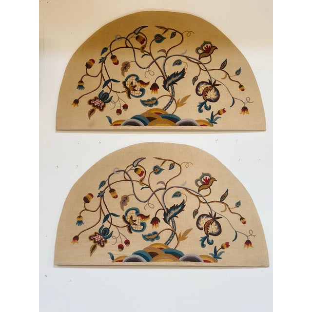Large pair of hand-embroidered crewelwork wall hangings featuring an elegant Tree of Life design on a natural linen...