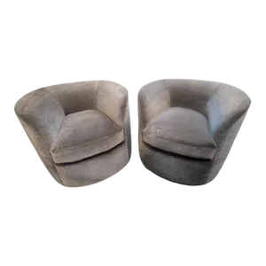 Mid Century Modern Faudet-Harrison Swivel Tub Lounge Chair Newly Reupholstered in Grey Mohair - Pair