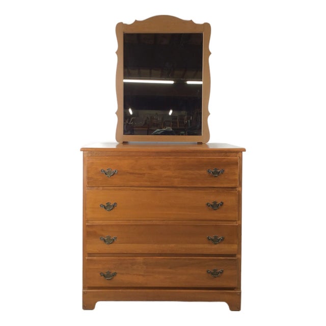 Vintage Maple Chest of Four Drawers With Brass Hardware and Small Mirror For Sale