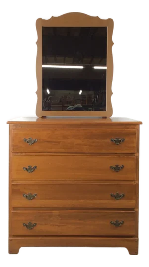 Vintage Maple Chest of Four Drawers With Brass Hardware and Small Mirror