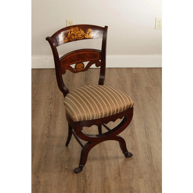 High Quality Antique Mahogany Custom Upholstered Side Chair with Paw Feet and Marquetry And Painted Decoration, Possibly...
