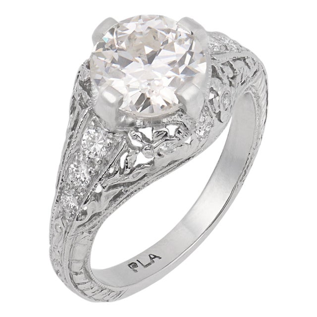 1930s Art Deco Gia 1.51 Carat Old European Cut Diamond Platinum Engagement Ring, Size 4.5 For Sale