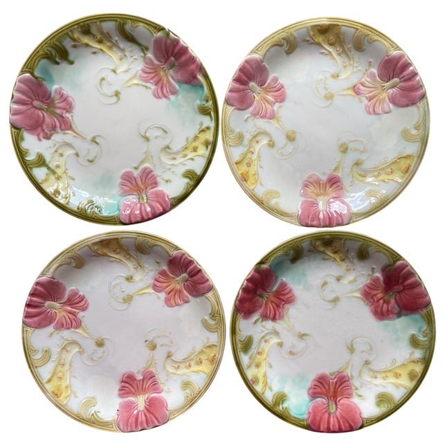 Antique French Art Nouveau Majolica Pansy Flower Plates from Luneville, 1890s, Set of 4 For Sale - Image 13 of 13