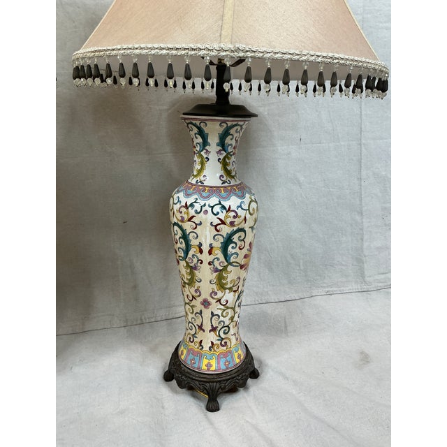 1970s Bombay Table Lamps Porcelain White Floral Oriental Accent Fringe Shades Set of 2 For Sale - Image 14 of 17