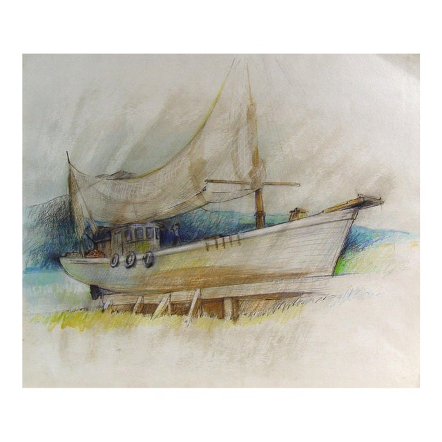 Mid 20th Century Boat in Dry Dock Oil Pastel Drawing For Sale