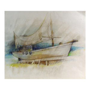 Mid 20th Century Boat in Dry Dock Oil Pastel Drawing