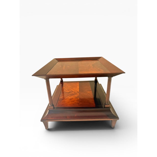 Baker Furniture Company Late 20th Century Baker Furniture Mahogany Two-Tier Coffee Table With Flame Veneer Top & Fluted Columns For Sale - Image 4 of 15