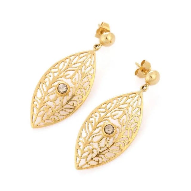 18k Yellow Gold Asian Antique Style Diamond Leaf Drop Earrings- A Pair For Sale - Image 4 of 8