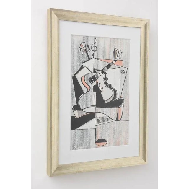 1950s Mid-Century Modern "Record" Signed Cubist Guitar Drawing For Sale In West Palm - Image 6 of 9