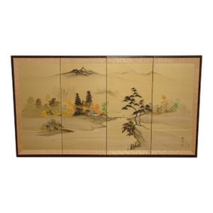 Vintage Japanese Showa Four Panel Asian Folding Screen Picture Painting