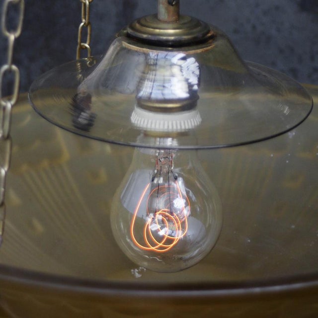 Metal French Art Deco Brass and Etched Ochre Glass Pendant Light, 1920s For Sale - Image 7 of 10