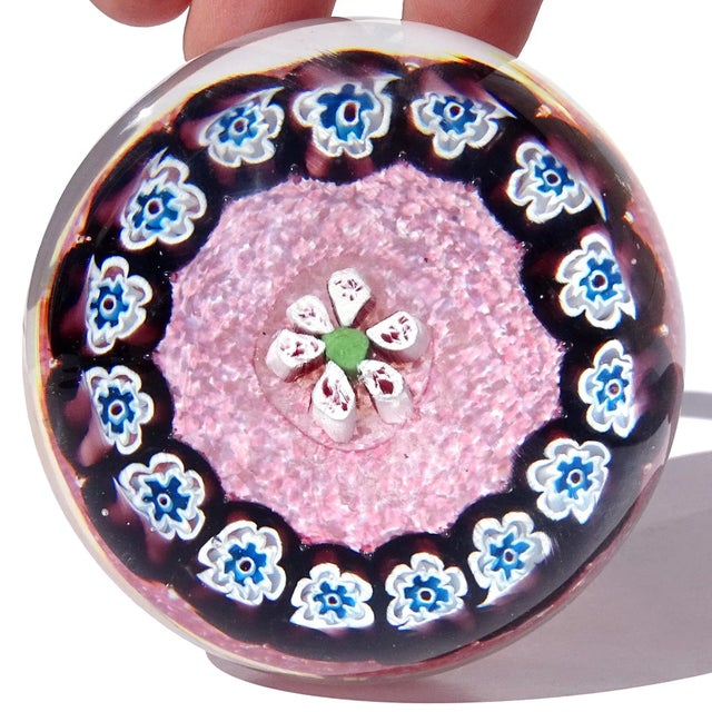 Dark Pink Murano Vintage Fratelli Toso and Barbini Murrine Flowers Italian Art Glass Paperweights - Set of 3 For Sale - Image 8 of 11