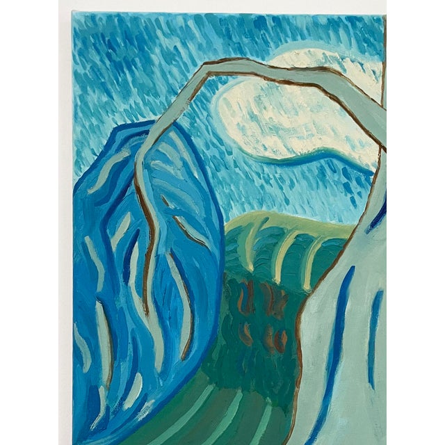 This is an abstract impressionist landscape of a cypress tree growing from a riverbank expressed with playful strokes of...