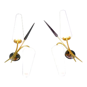 Maison Arlus, Brass, Gun Metal and Opaline Sconces, Mid-Century Modern France - a Pair